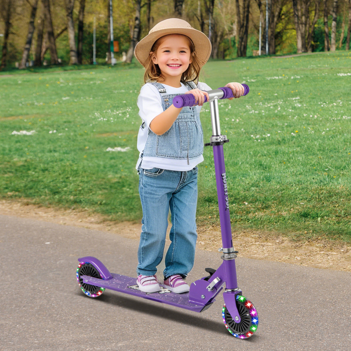 Patinete para Crianças Dobrável com 2 Rodas Intermitentes, Guiador Ajustável, Sistema de Travagem Traseira com Descanso para os Pés para Crianças a partir dos 3 Anos Roxo