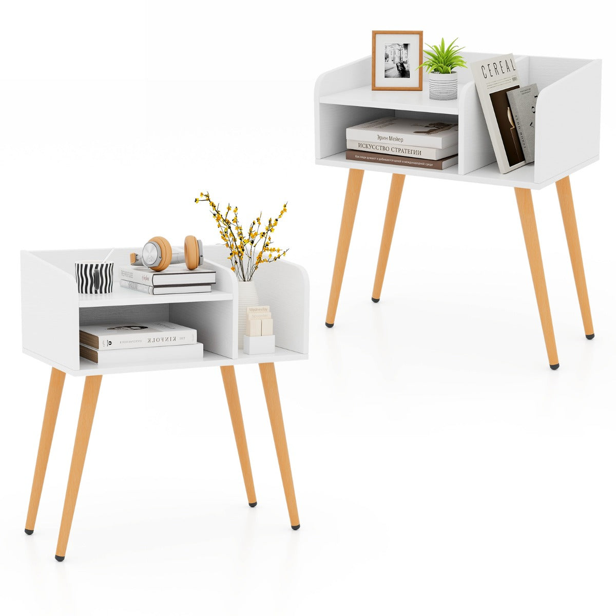 Conjunto de 2 Mesas de Cabeceira Estilo Meados do Século Moderno Mesa Lateral de 2 Níveis com Prateleiras para Sala de Estar Quarto Branco
