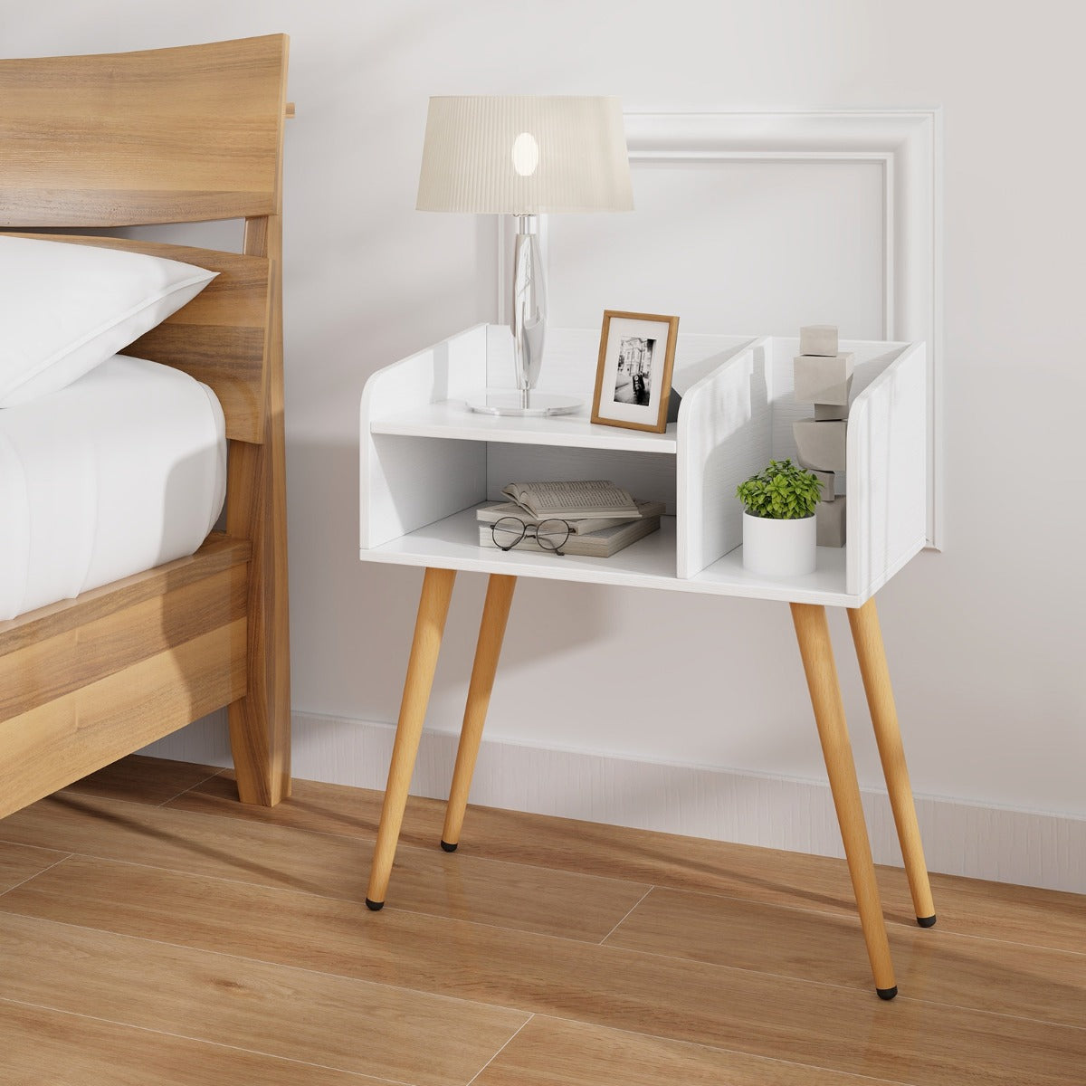 Conjunto de 2 Mesas de Cabeceira Estilo Meados do Século Moderno Mesa Lateral de 2 Níveis com Prateleiras para Sala de Estar Quarto Branco