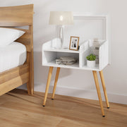 Conjunto de 2 Mesas de Cabeceira Estilo Meados do Século Moderno Mesa Lateral de 2 Níveis com Prateleiras para Sala de Estar Quarto Branco
