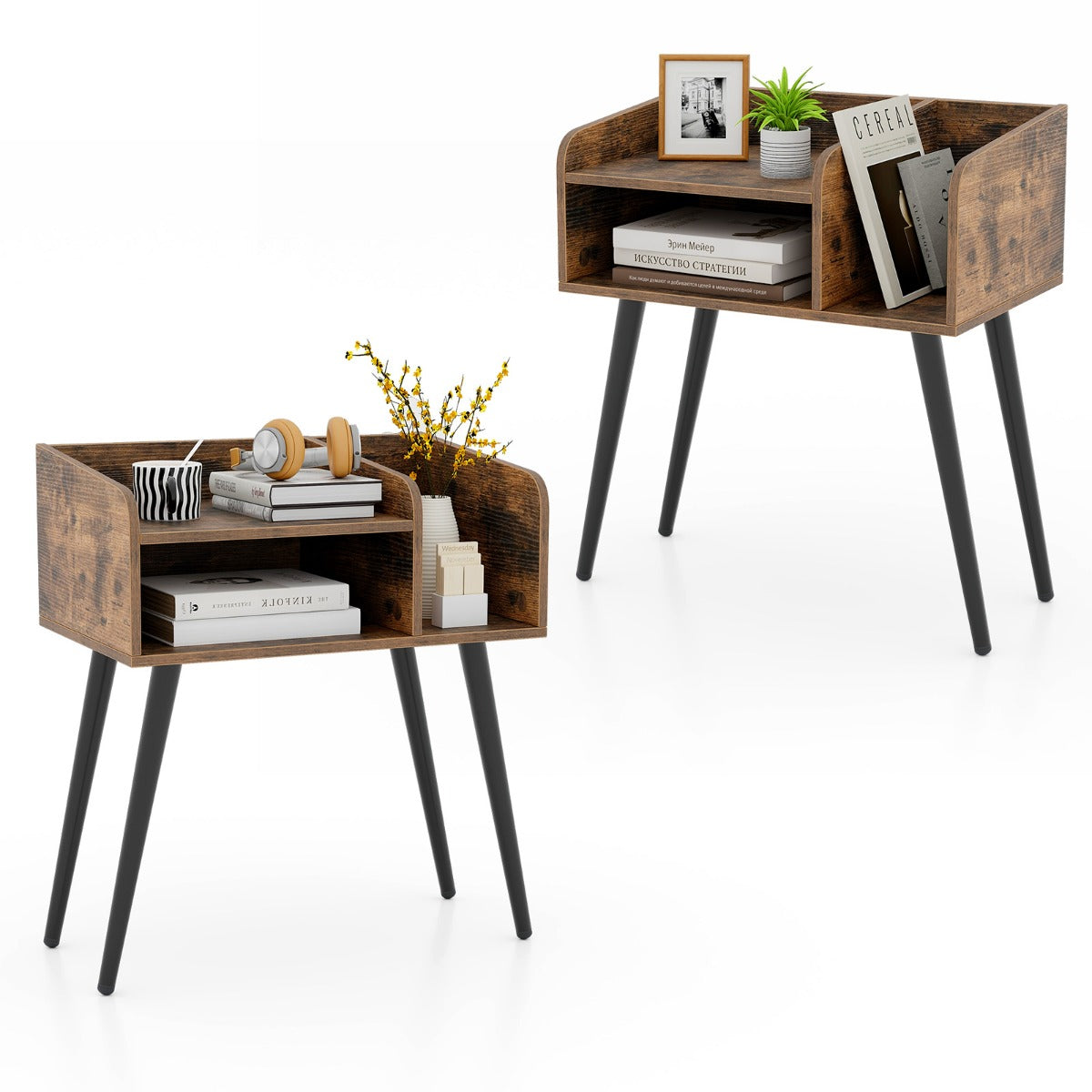 Par de Mesinhas de Cabeceira Estilo Meados do Século Moderno Mesa Lateral de 2 Níveis com Prateleiras para Sala de Estar Quarto Castanho