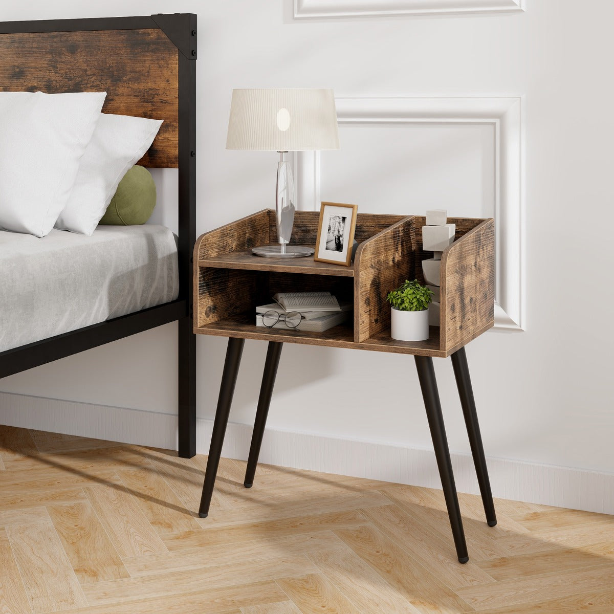 Par de Mesinhas de Cabeceira Estilo Meados do Século Moderno Mesa Lateral de 2 Níveis com Prateleiras para Sala de Estar Quarto Castanho