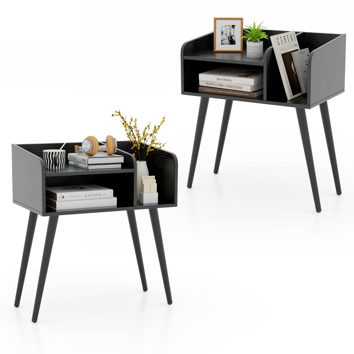 Conjunto de 2 Mesinhas de Cabeceira Estilo Moderno de Meados do Século Mesa Lateral de 2 Níveis com Prateleiras para Sala Quarto Preto