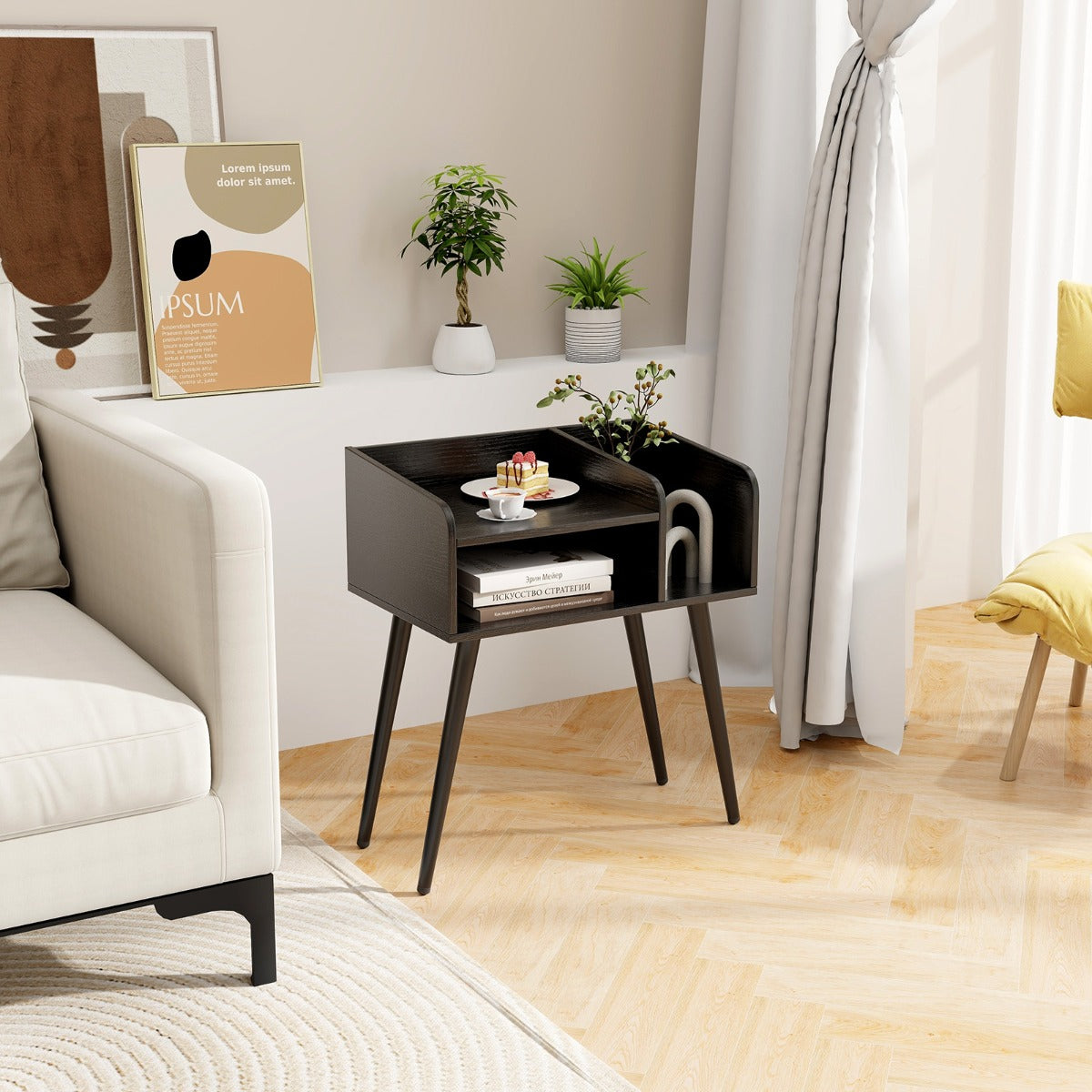 Conjunto de 2 Mesinhas de Cabeceira Estilo Moderno de Meados do Século Mesa Lateral de 2 Níveis com Prateleiras para Sala Quarto Preto