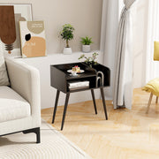 Conjunto de 2 Mesinhas de Cabeceira Estilo Moderno de Meados do Século Mesa Lateral de 2 Níveis com Prateleiras para Sala Quarto Preto