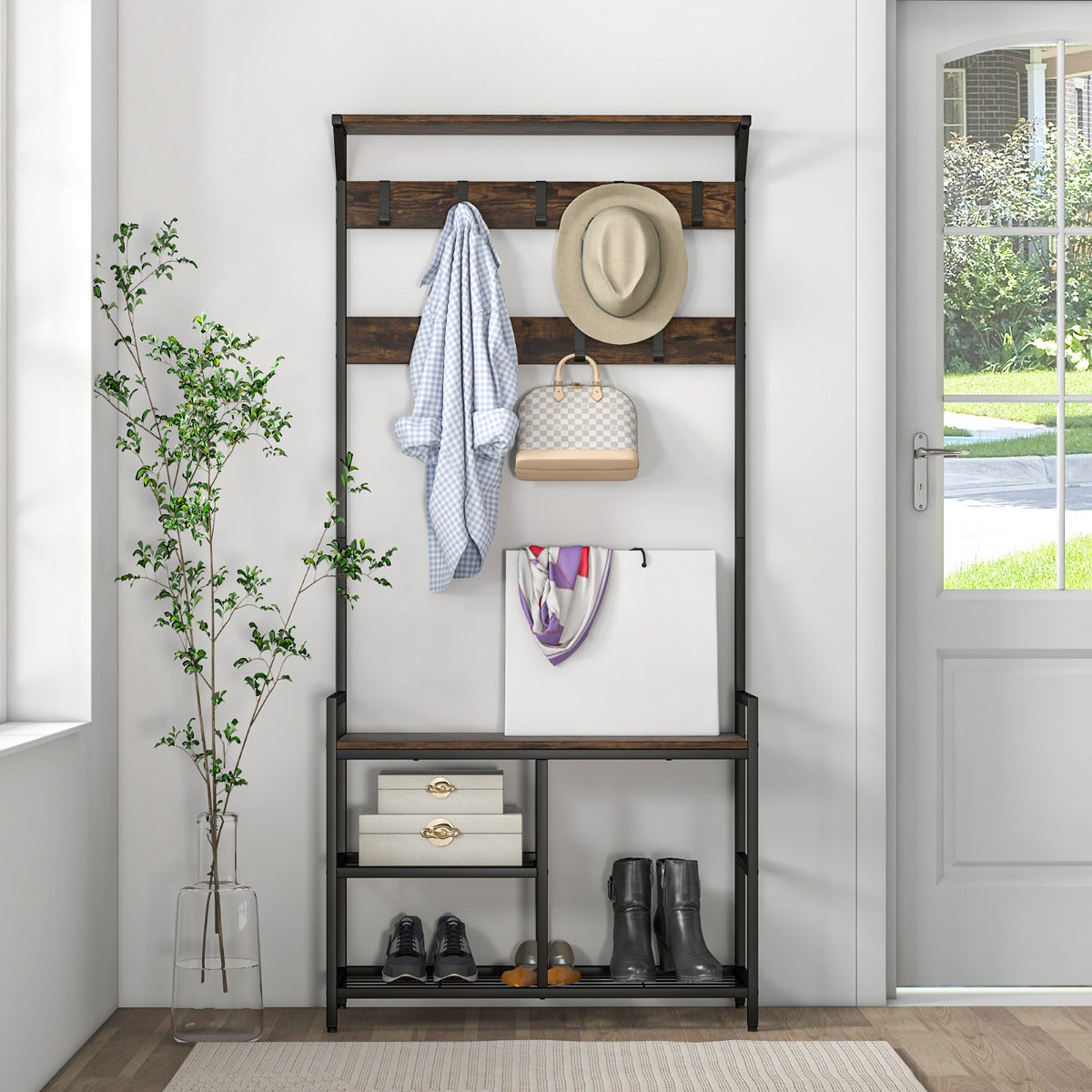 Perchero e Sapateira 3 em 1 de Entrada Alto 180 cm com Banco para Sapatos/9 Ganchos Removíveis Estante para Quarto Corredor Castanho