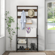 Perchero e Sapateira 3 em 1 de Entrada Alto 180 cm com Banco para Sapatos/9 Ganchos Removíveis Estante para Quarto Corredor Castanho