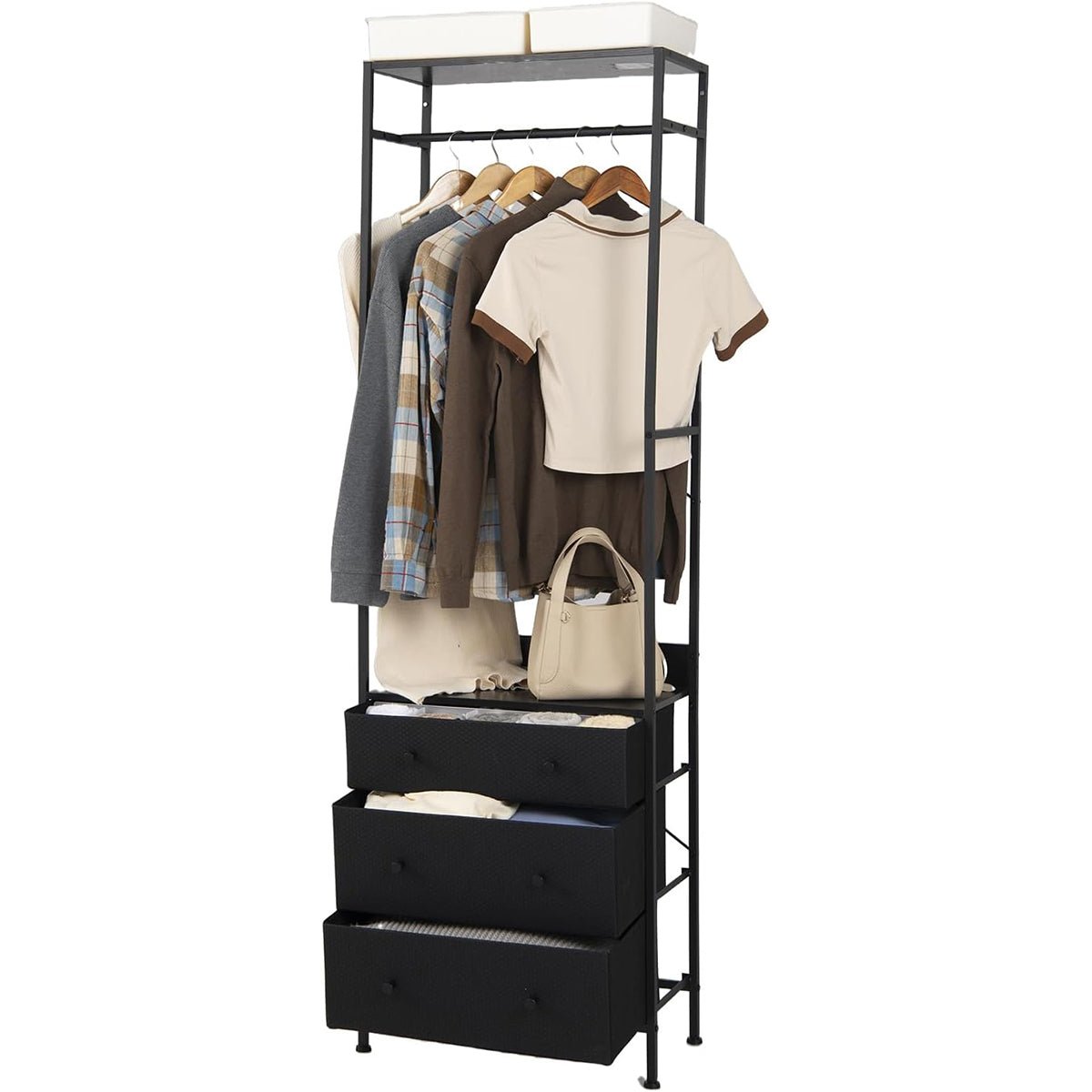 Perchero Organizador de Armário Independente com Gavetas, Barra para Pendurar e Prateleiras para Entrada Quarto 55 x 28 x 176 cm Preto