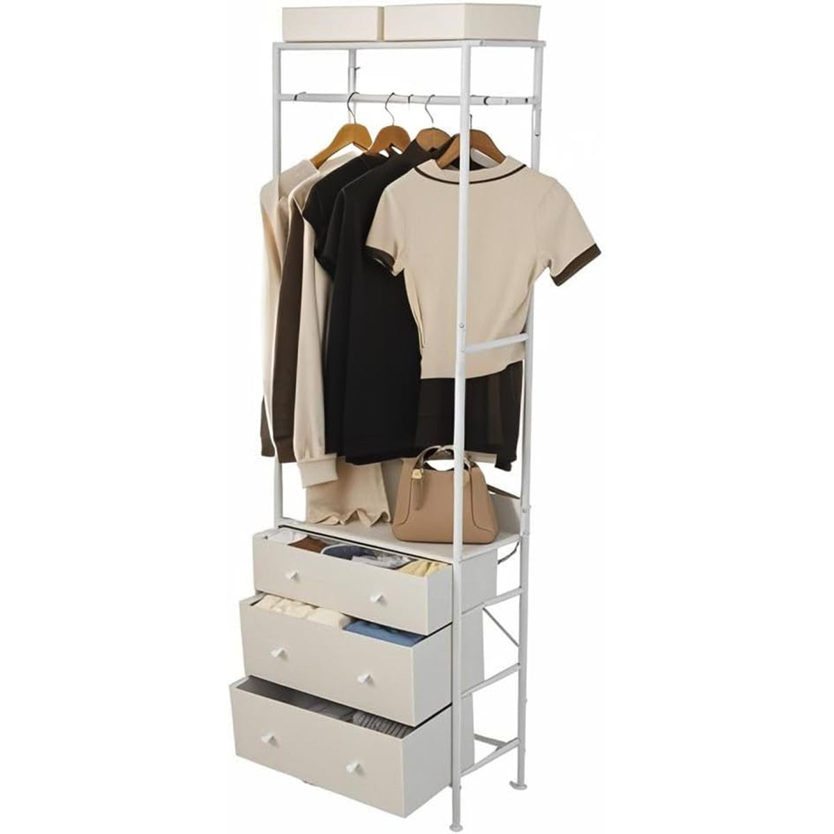 Perchero Organizador de Armário Independente com Gavetas, Barra para Pendurar e Prateleiras para Entrada Quarto 55 x 28 x 176 cm Branco