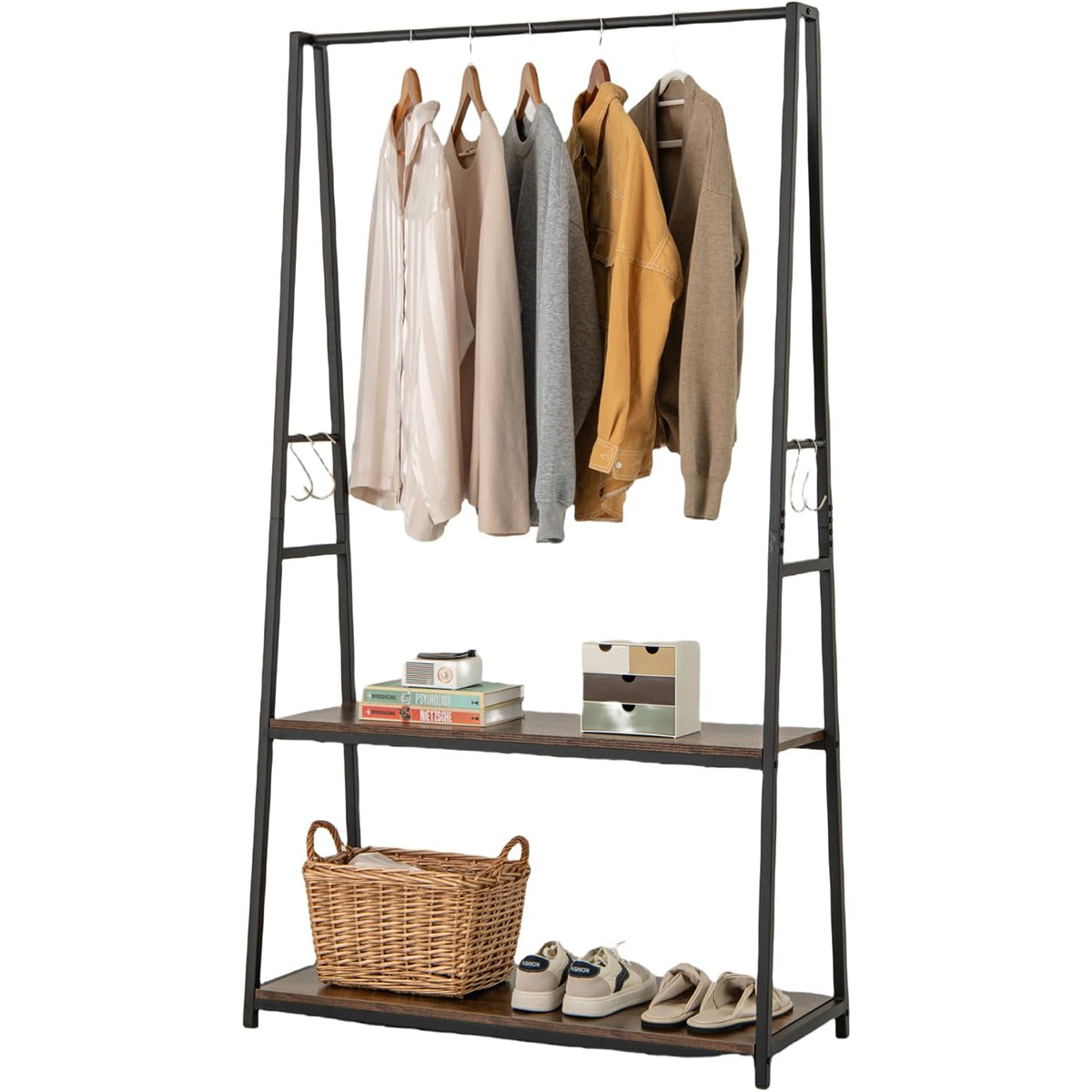 Perchero com 2 Prateleiras Independentes para Casa com Estrutura de Metal Barra de Pendurar Estante para Casacos para Quarto Entrada Castanho