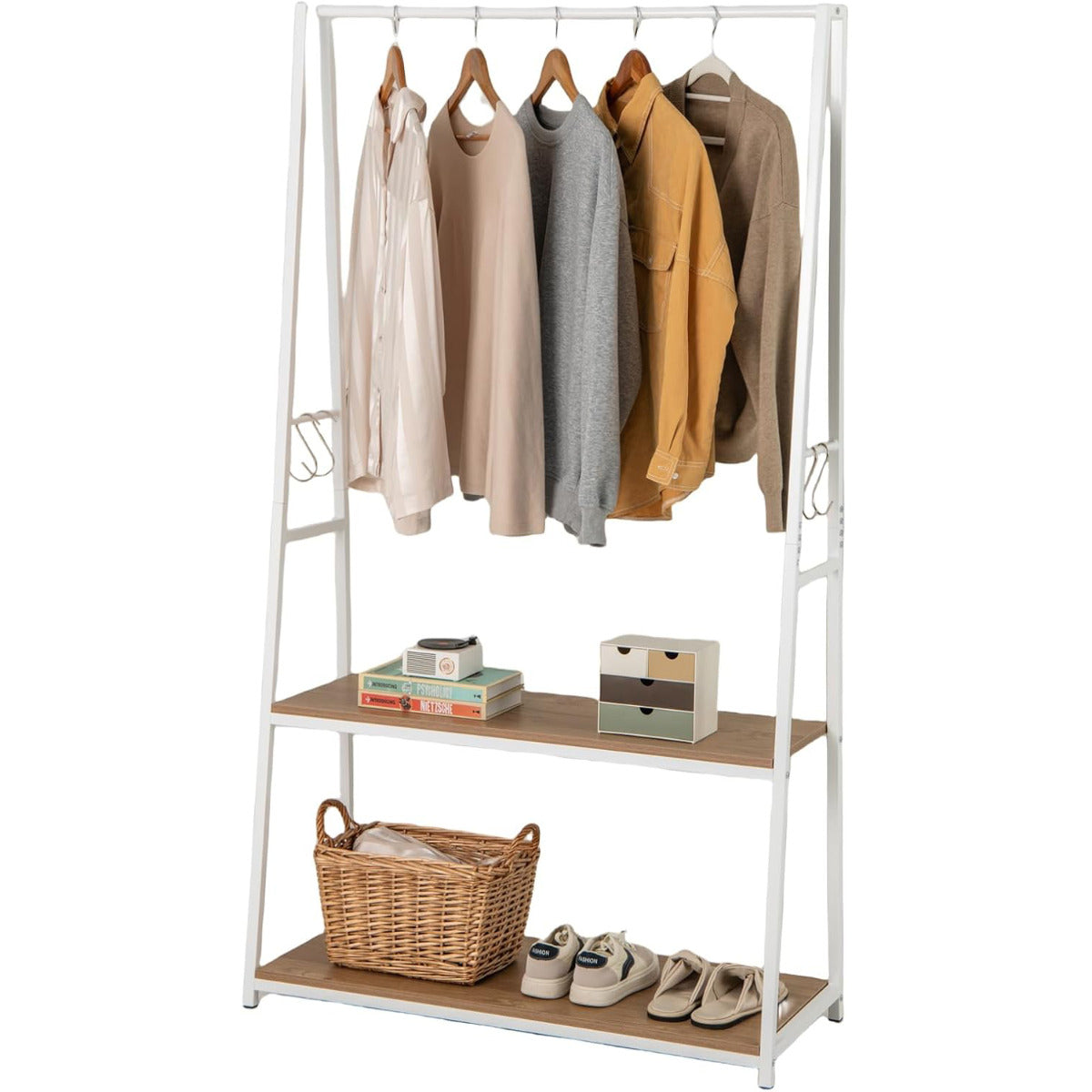 Perchero com 2 Prateleiras Independente para Casa com Estrutura de Metal Barra Pendurada Prateleira para Casacos para Quarto Entrada Natural