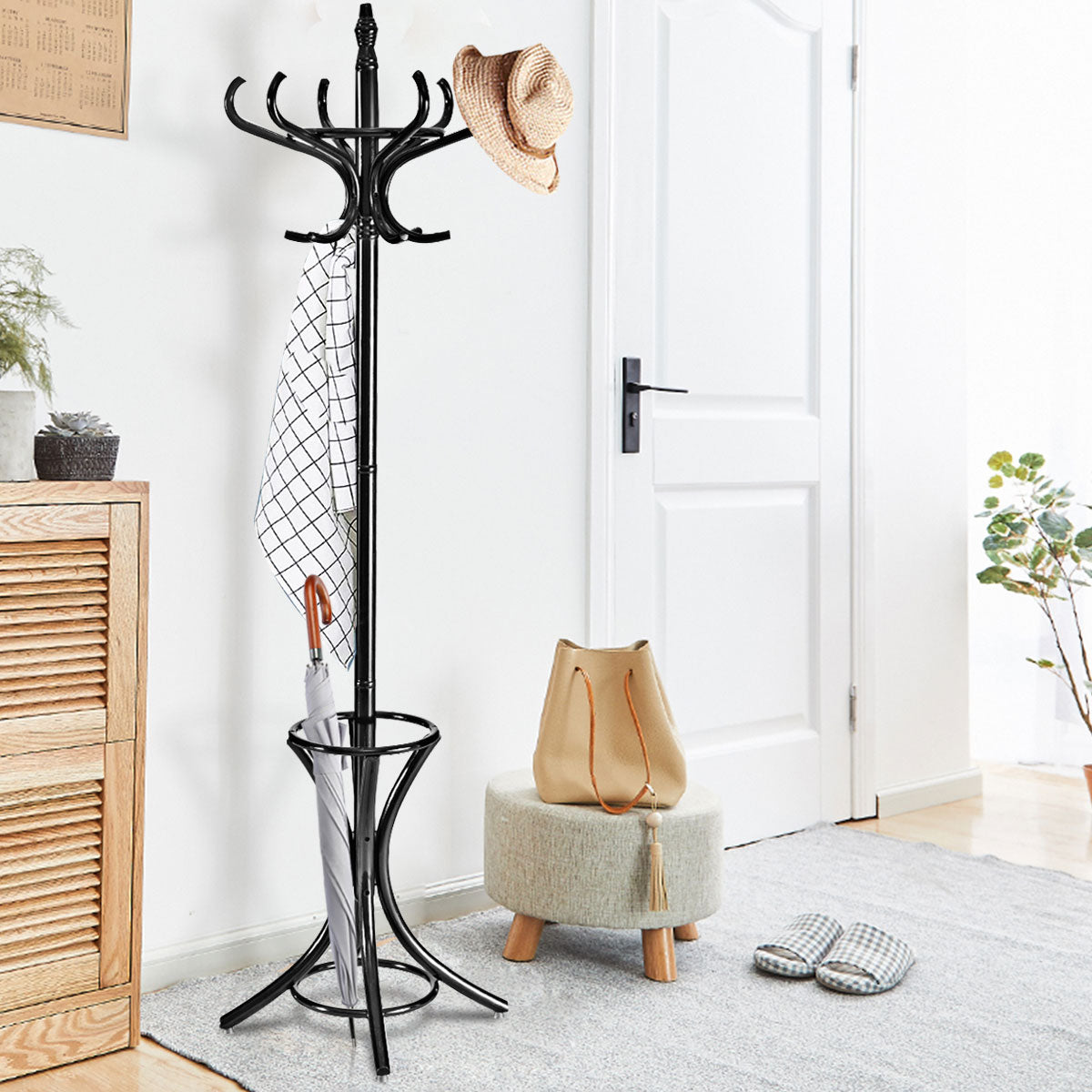Cabide de Pé em Madeira 184cm Cabide Árvore com Suporte 12 Cabides para Pendurar Roupa Chapéu para Quarto Entrada Preto