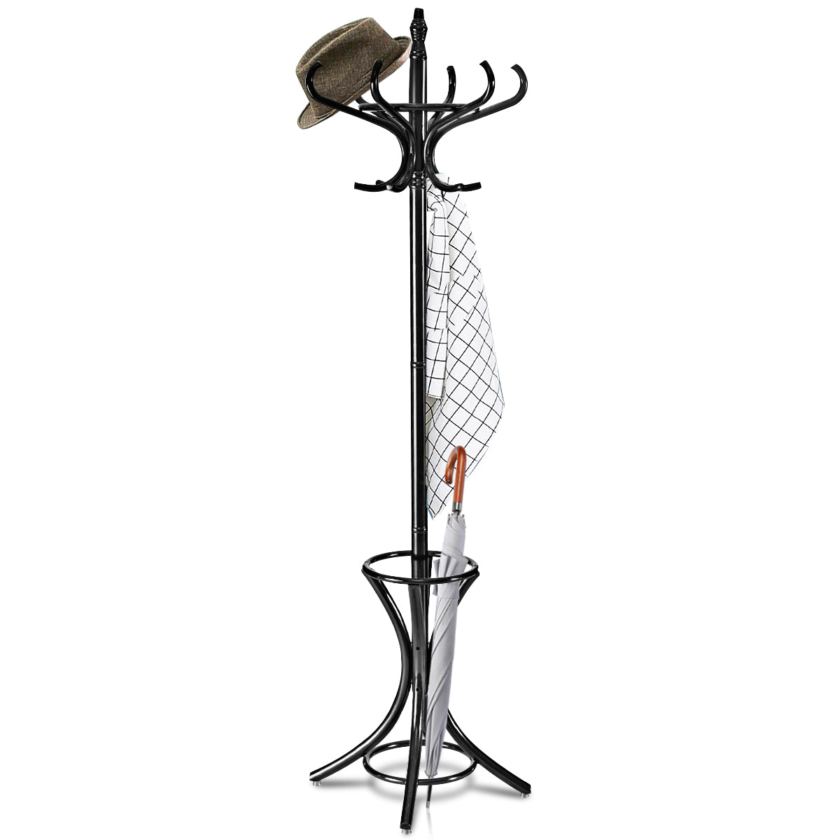Cabide de Pé em Madeira 184cm Cabide Árvore com Suporte 12 Cabides para Pendurar Roupa Chapéu para Quarto Entrada Preto