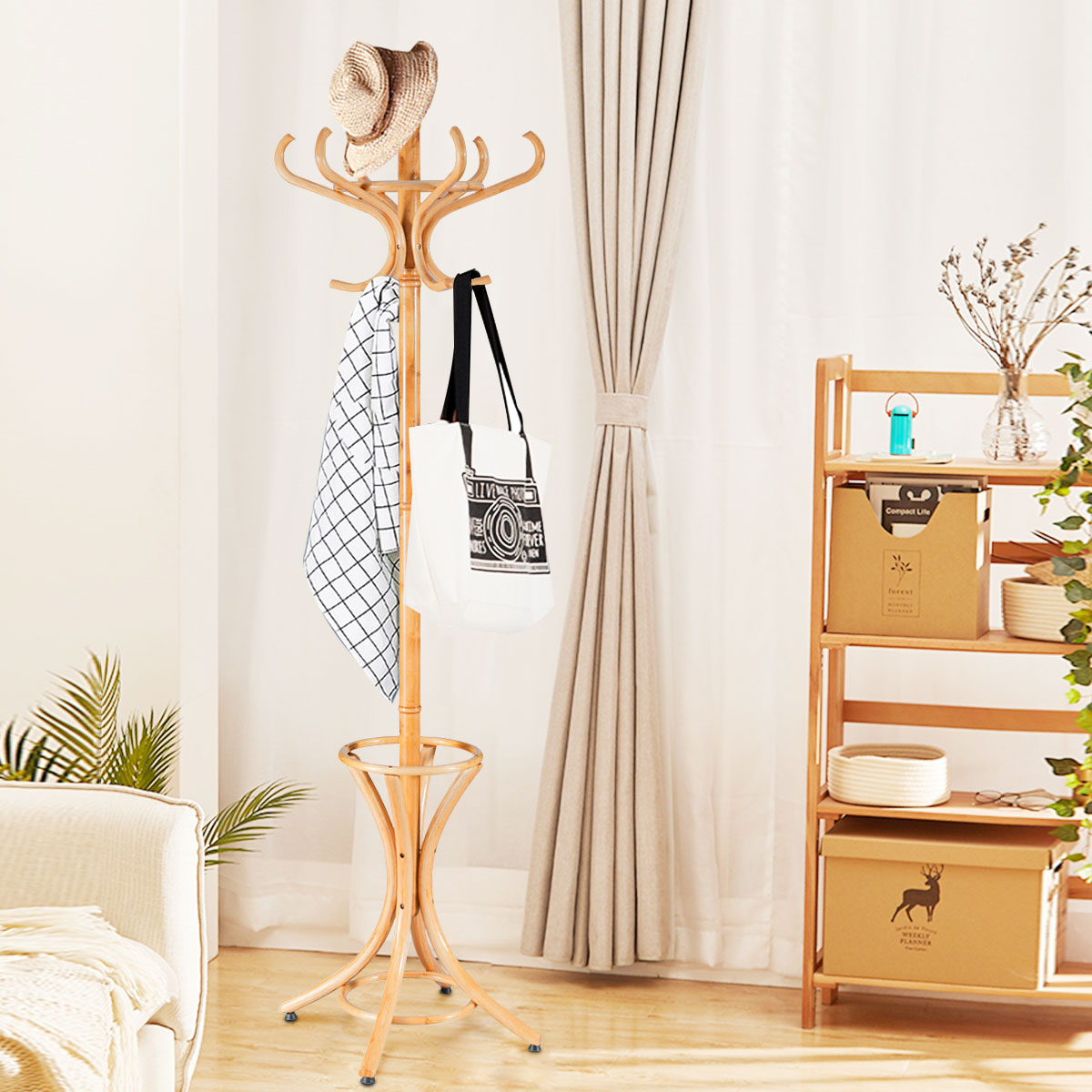Cabide de Pé em Madeira 184cm Perchero Árvore com Suporte 12 Ganchos para Pendurar Roupa Chapéu para Quarto Hall de Entrada Natural