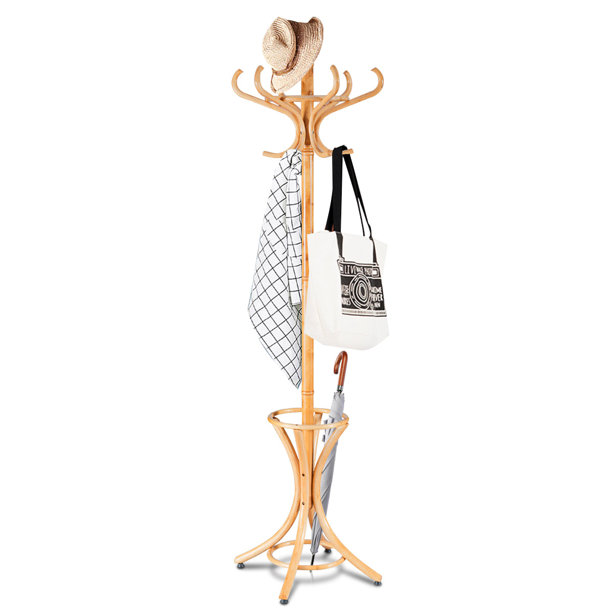 Perchero de Pé em Madeira 184cm Perchero Árvore com Suporte 12 Ganchos para Pendurar Roupa Chapéu para Quarto Hall de Entrada Natural