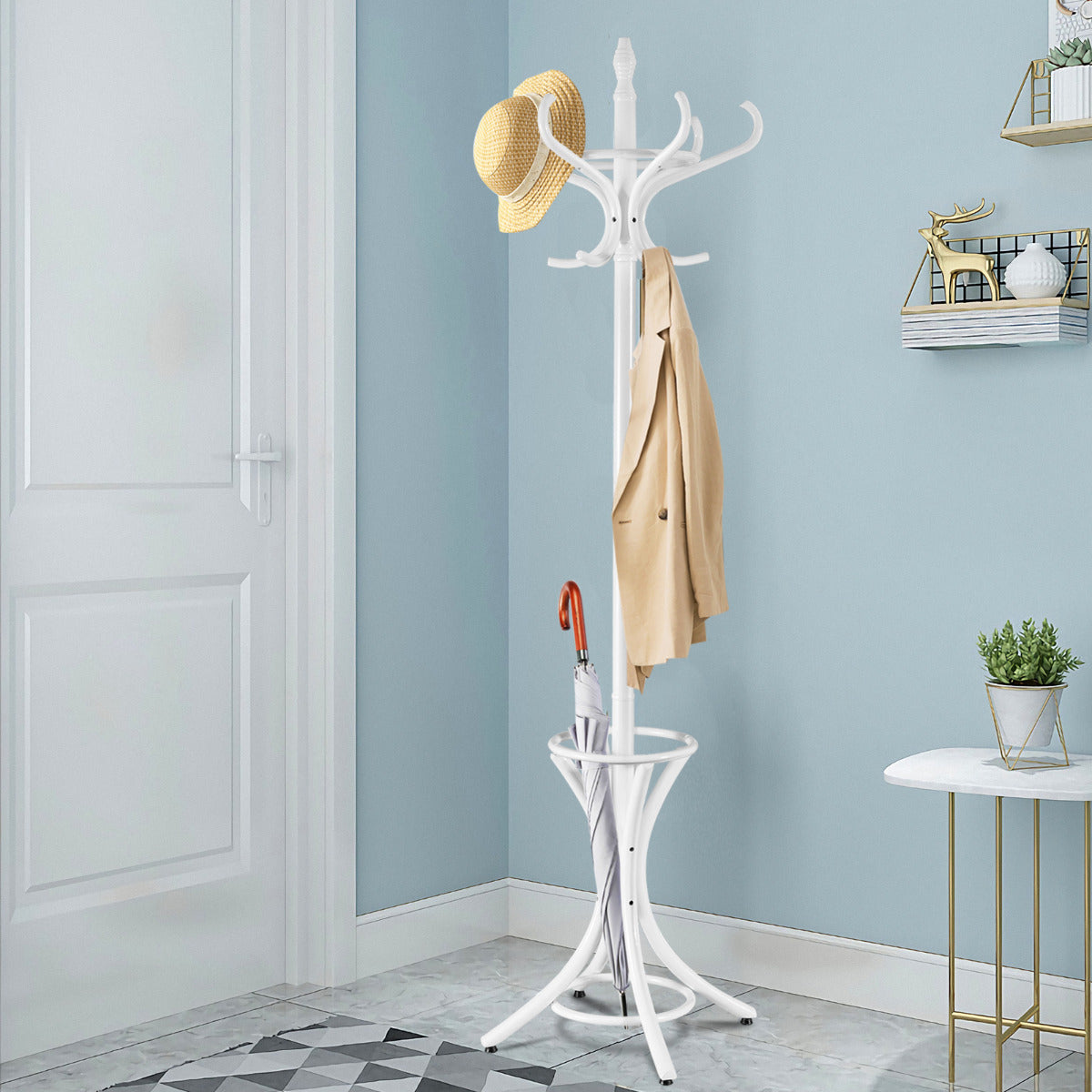 Perchero de Pé em Madeira 184cm Perchero Árvore com Suporte 12 Cabides para Pendurar Roupa Chapéu para Quarto Entrada Branco