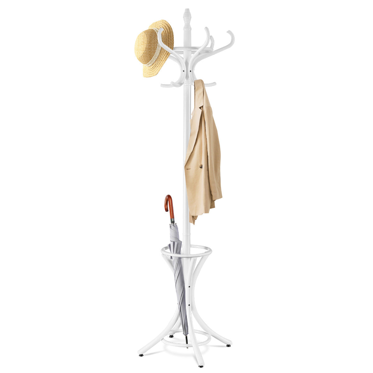 Perchero de Pé em Madeira 184cm Perchero Árvore com Suporte 12 Cabides para Pendurar Roupa Chapéu para Quarto Entrada Branco