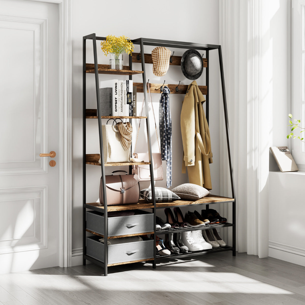 Perchero de Roupa com Banco e Sapateira Guarda-roupa Industrial com Banco de Entrada 2 Gavetas 6 Estantes 9 Ganchos 122 x 40 x 180 cm Castanho