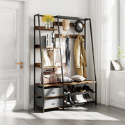 Perchero de Roupa com Banco e Sapateira Guarda-roupa Industrial com Banco de Entrada 2 Gavetas 6 Estantes 9 Ganchos 122 x 40 x 180 cm Castanho