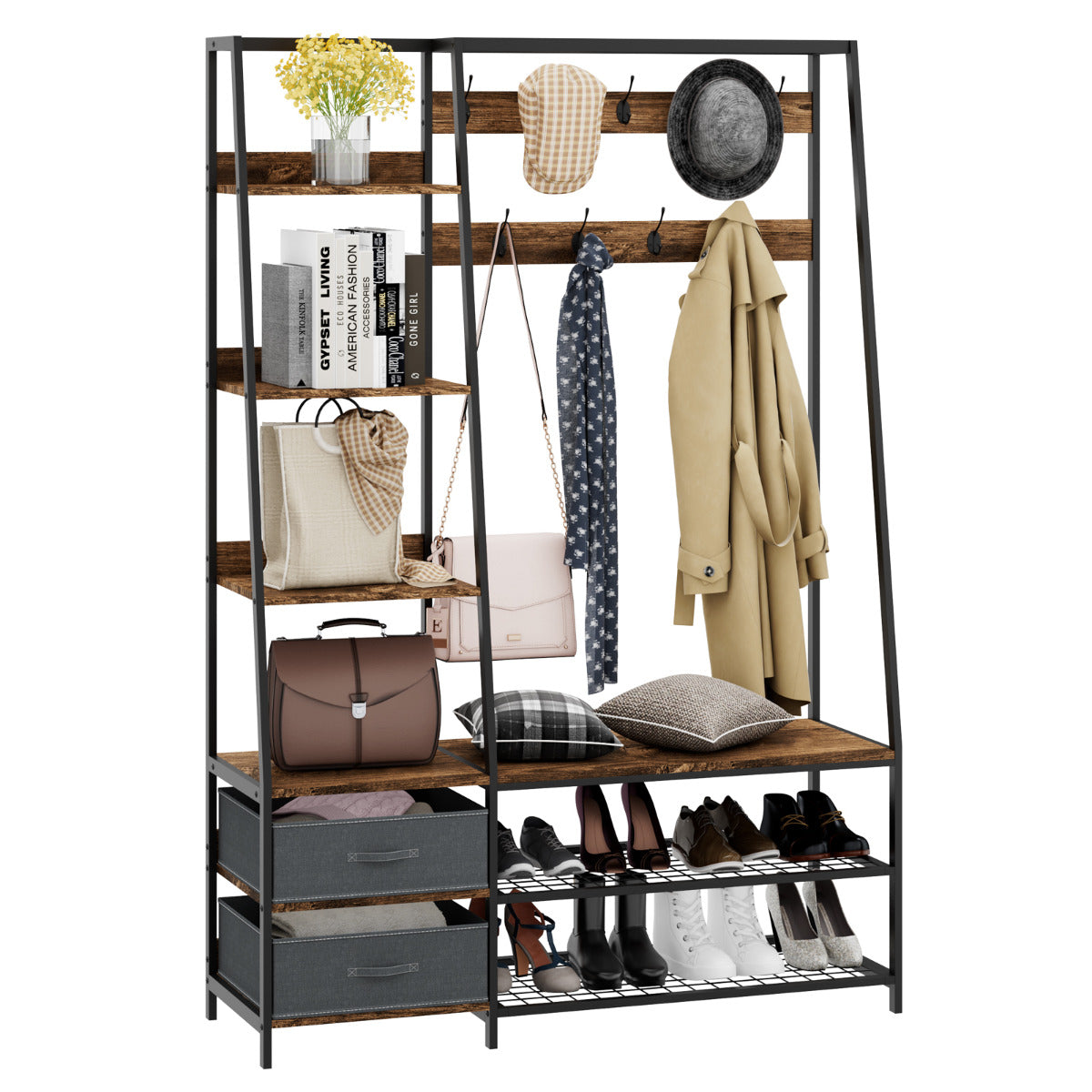 Perchero de Roupa com Banco e Sapateira Guarda-roupa Industrial com Banco de Entrada 2 Gavetas 6 Estantes 9 Ganchos 122 x 40 x 180 cm Castanho