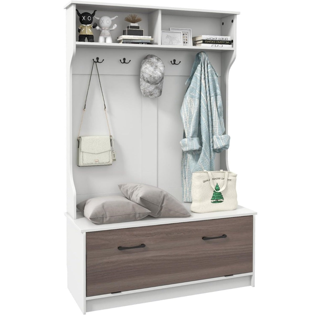 Perchero de Entrada com Sapateira e Armário de Entrada com Banco 2 Compartimentos Abertos 100 x 40 x 160 cm Branco