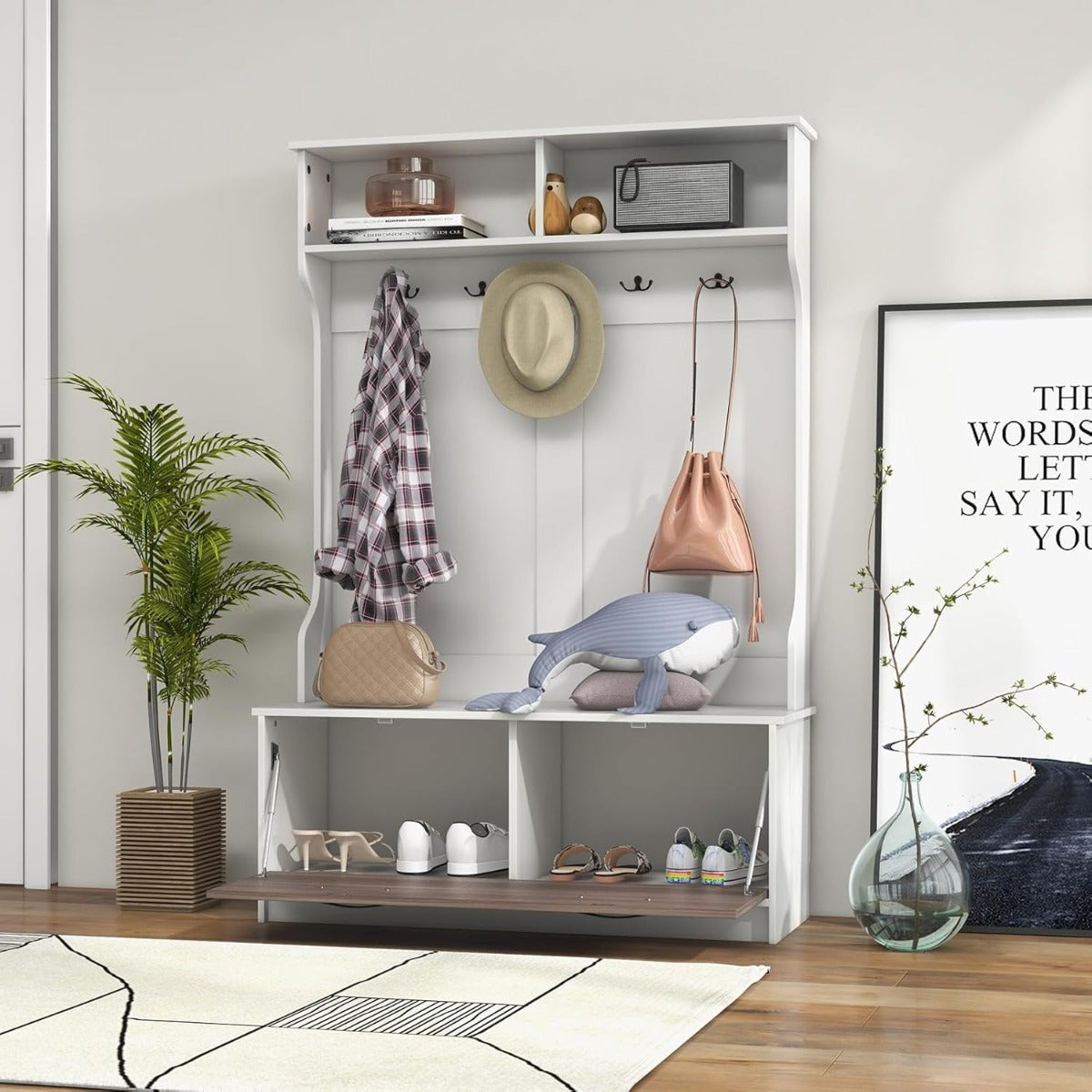 Perchero de Entrada com Sapateira e Armário de Entrada com Banco 2 Compartimentos Abertos 100 x 40 x 160 cm Branco