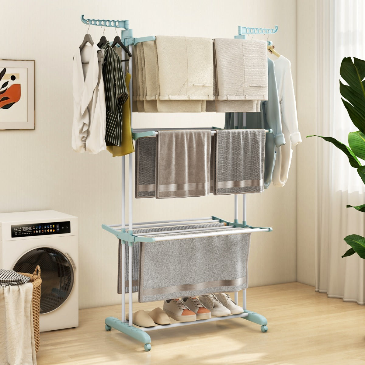 Perchero Dobrável com Rodas 4 Níveis Suporte Independente para Secar Roupa Toalhas Sapatos 127 x 76 x 171 cm Azul