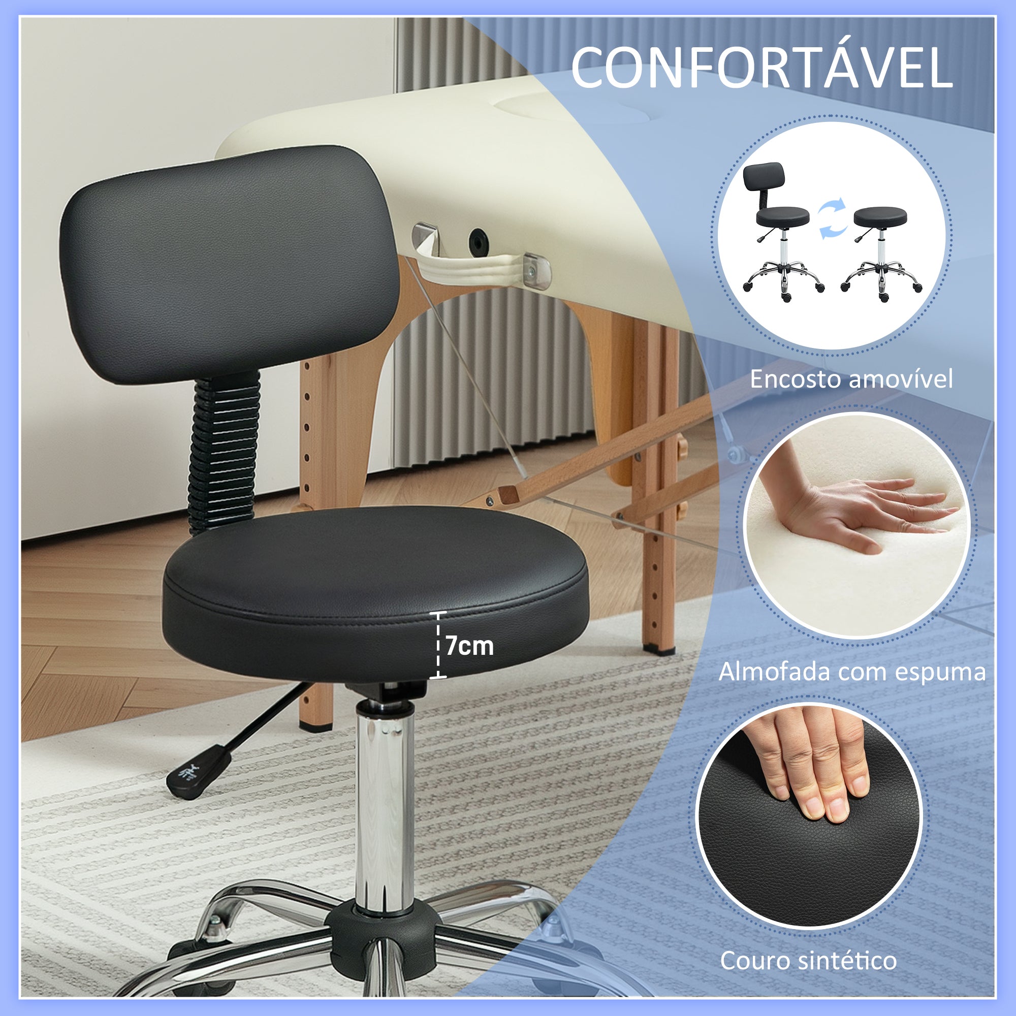 Banco Giratório com Rodas e Encosto Ajustável – 46x51x78-93 cm – Preto – Couro Sintético