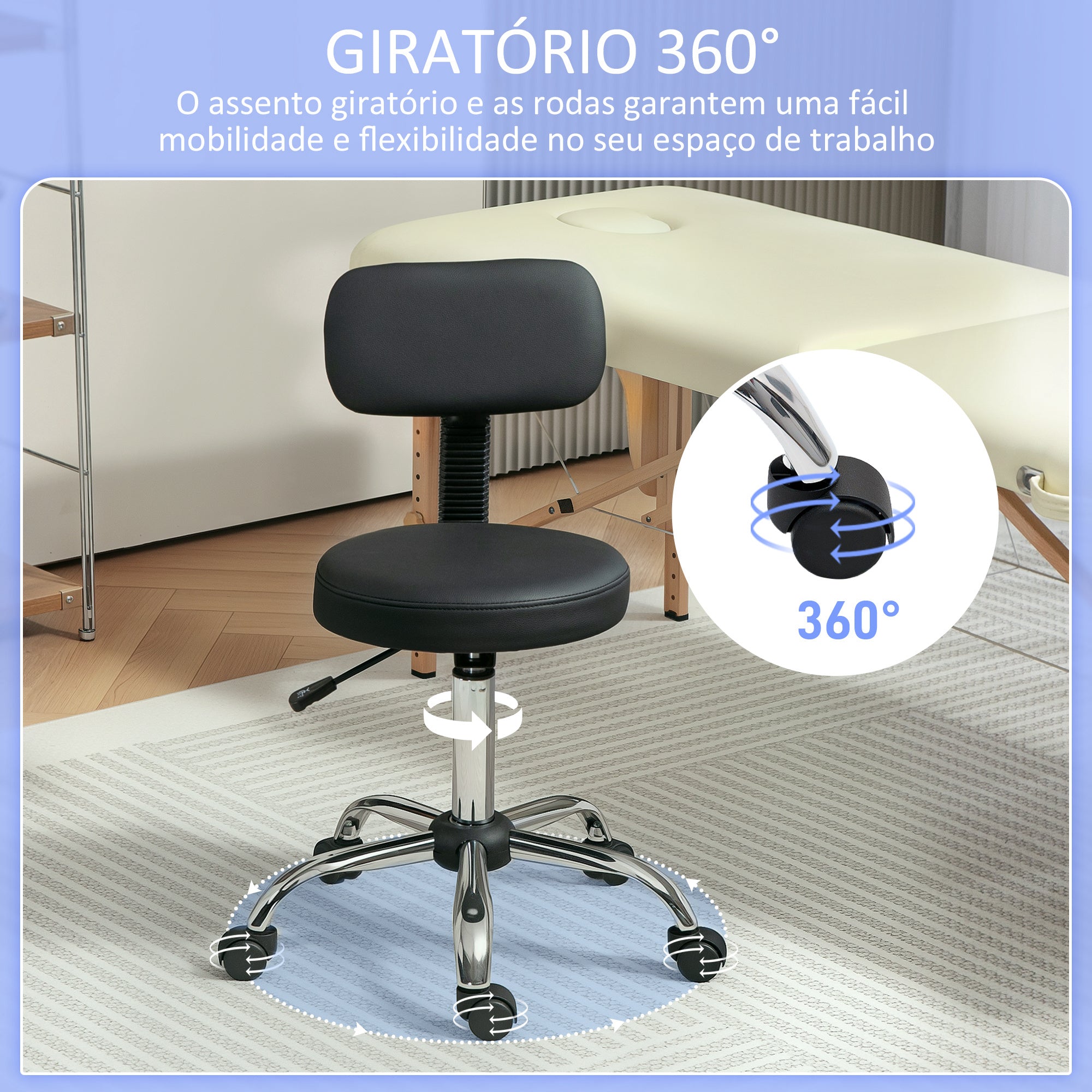 Banco Giratório com Rodas e Encosto Ajustável – 46x51x78-93 cm – Preto – Couro Sintético