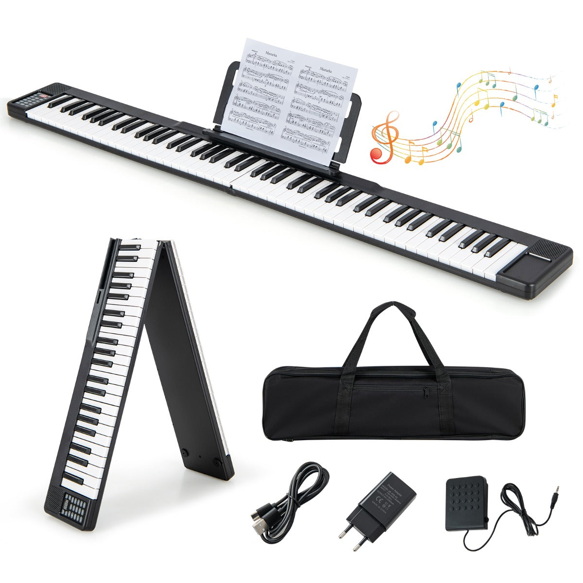 Piano Digital de 88 Teclas Dobrável com Bluetooth MIDI, Altifalantes Duplos, Pedal de Sustain e Bolsa de Transporte Preto e Branco