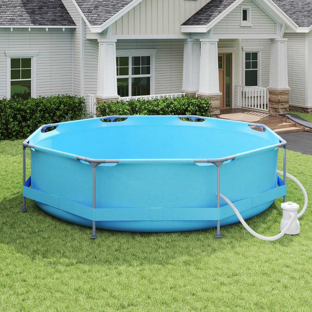 Piscina Redonda Elevada para Exterior com Estrutura Metálica e Bomba de Filtro Capacidade de 6125 L para Jardim 358 x 258 x 76 cm Azul