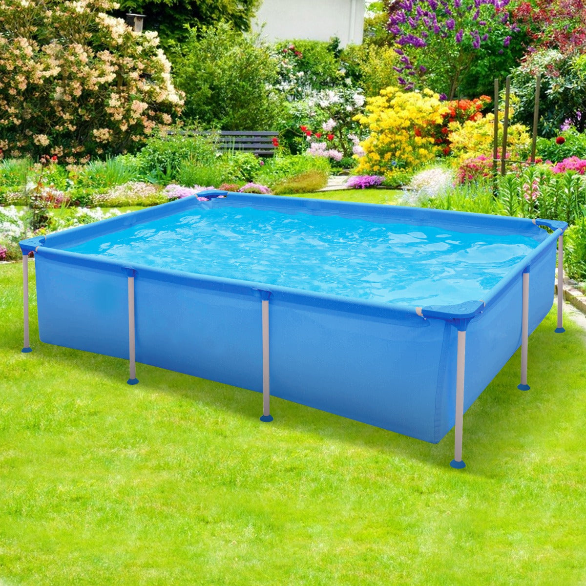 Piscina Grande Retangular com Bomba de Filtro Cartucho e Estrutura Metálica - Azul