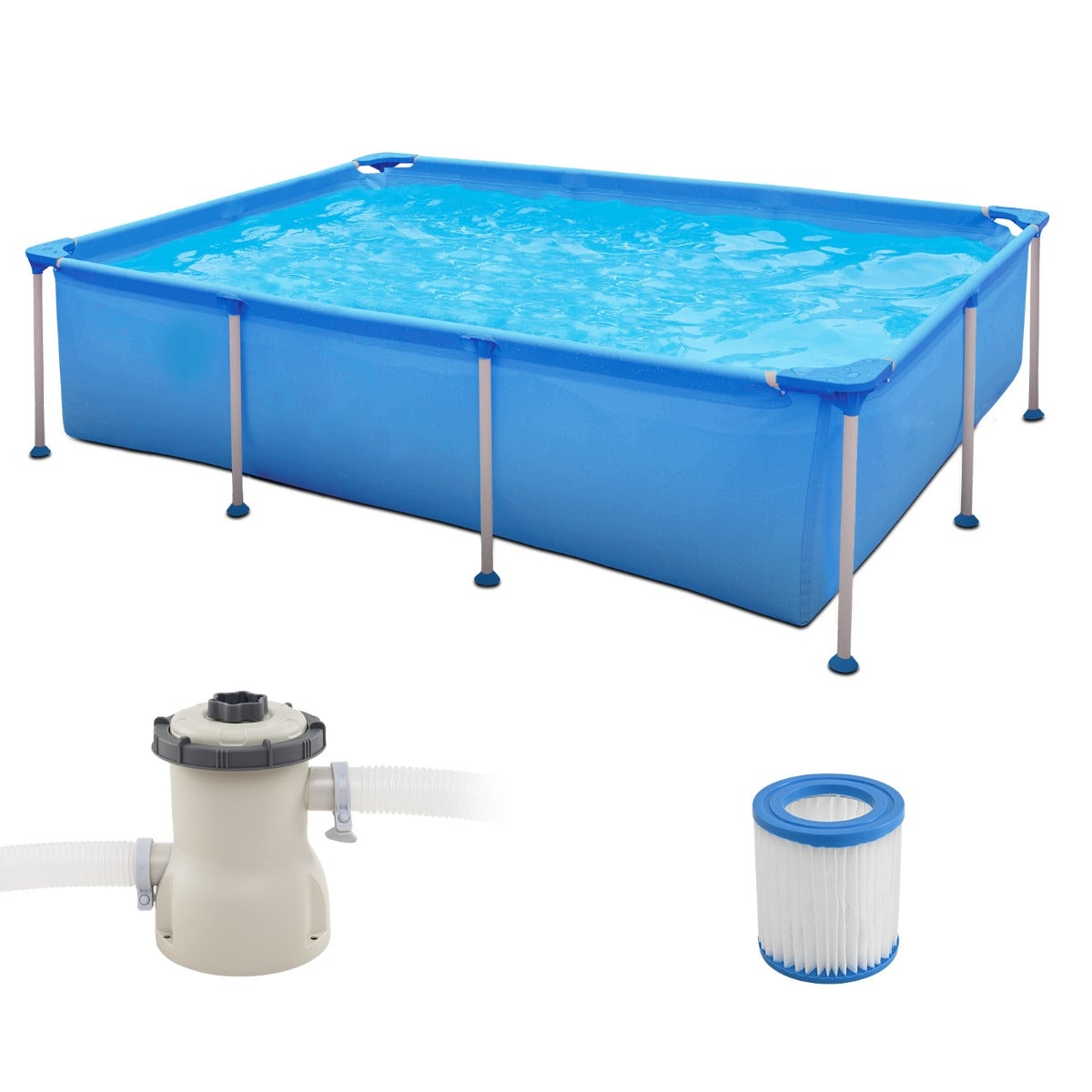 Piscina Grande Retangular com Bomba de Filtro Cartucho e Estrutura Metálica - Azul