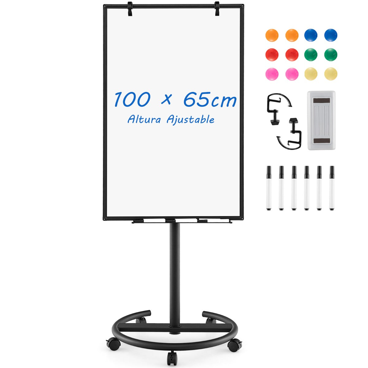 Pizarra Magnética Ajustable en Altura con Ruedas y Accesorios - Negro