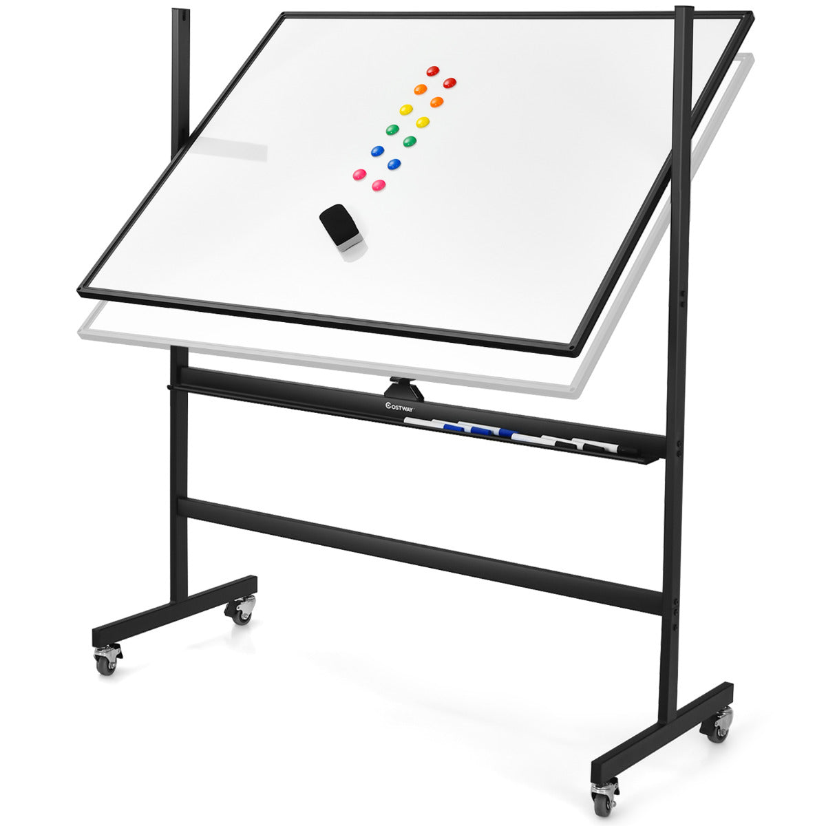 Pizarra Branca de Dupla Face Magnética Reversível Móvel 90 x 120 cm Apagável Altura Ajustável Giratória 4 Rodas para Escola Casa Escritório