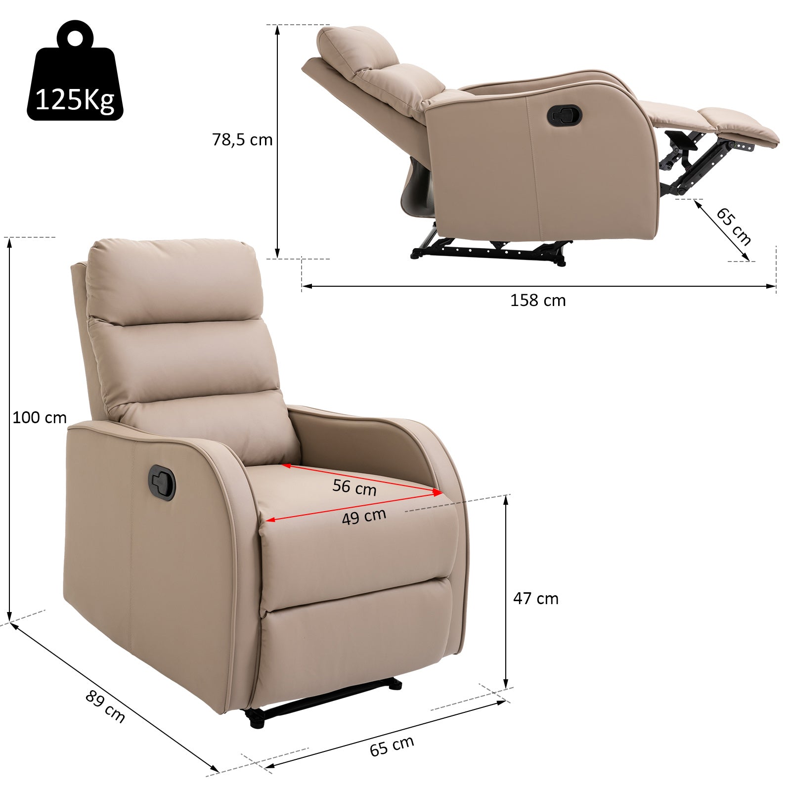Poltrona Relax Reclinável Manual 160° PU Marrom 65x89x100cm