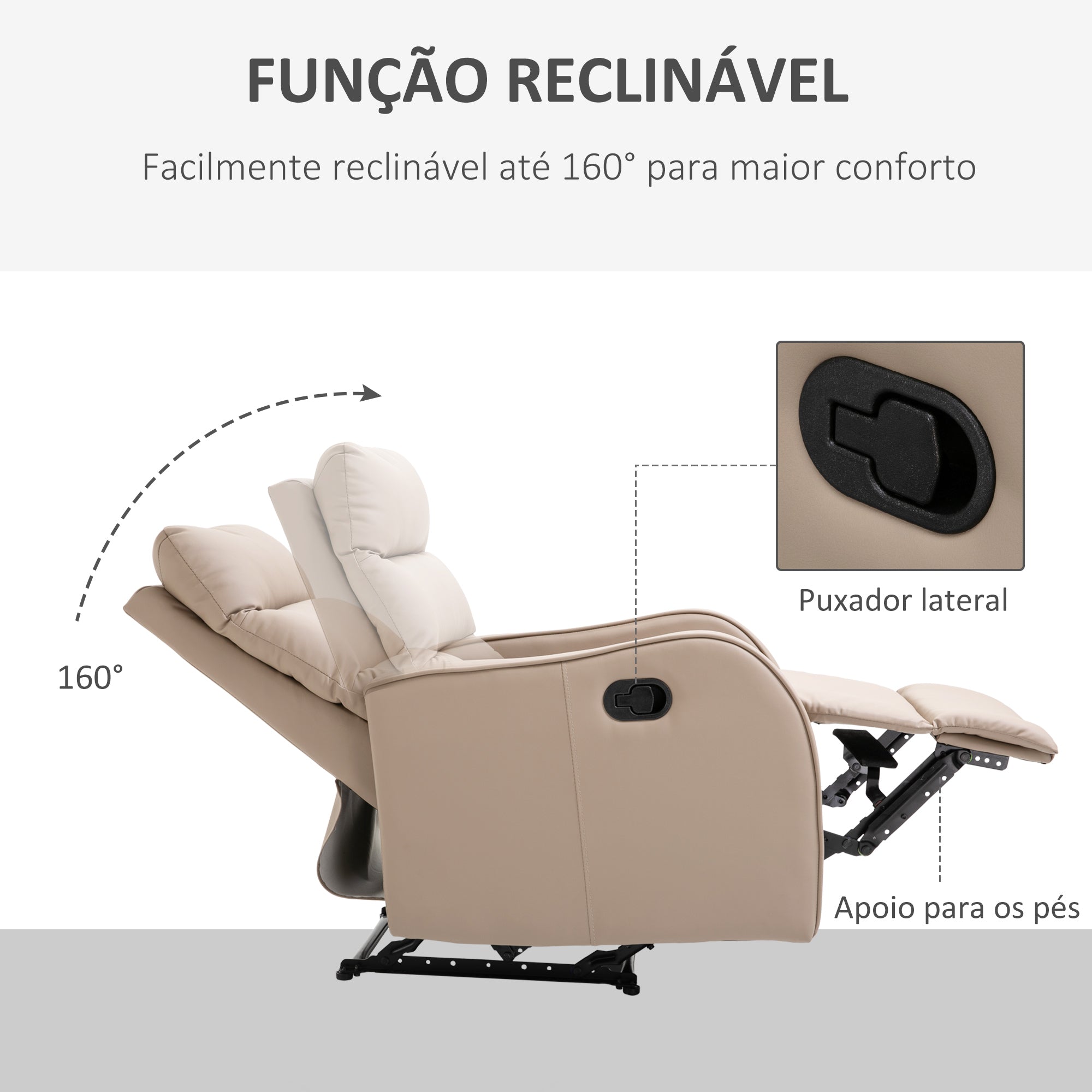Poltrona Relax Reclinável Manual 160° PU Marrom 65x89x100cm