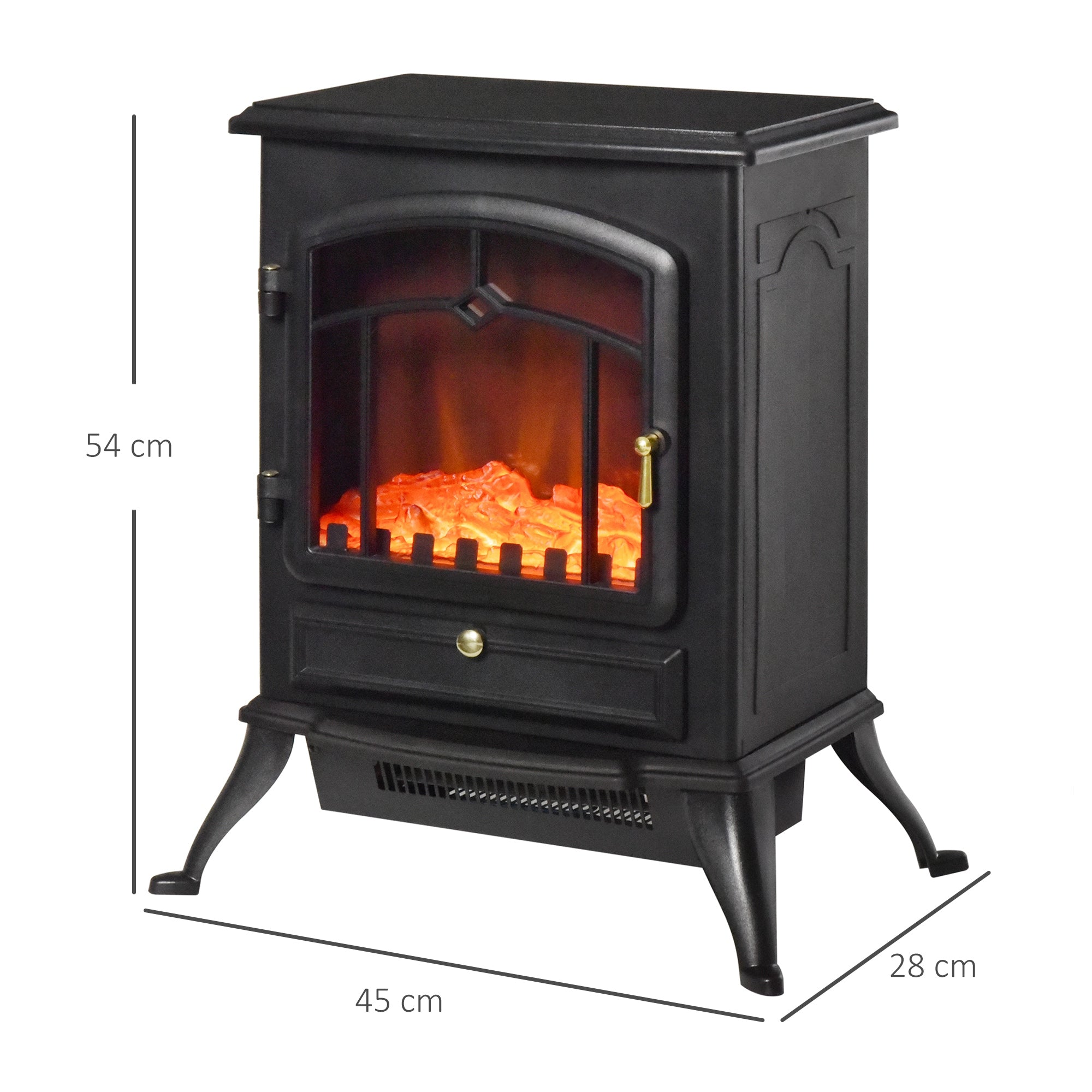 Lareira Elétrica Portátil 1000/2000W Efeito Chama Preto 45x28x54cm