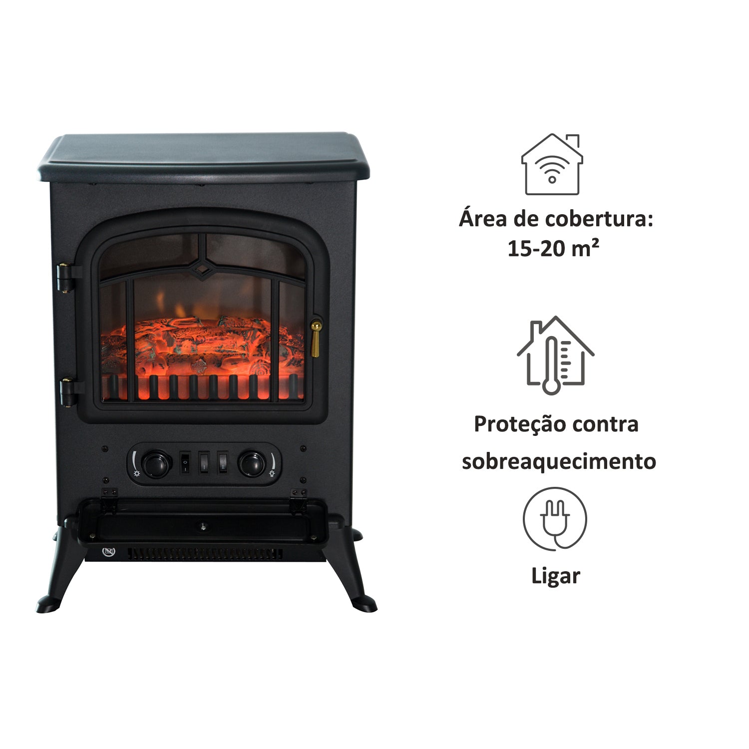 Lareira Elétrica Portátil 1000/2000W Efeito Chama Preto 45x28x54cm