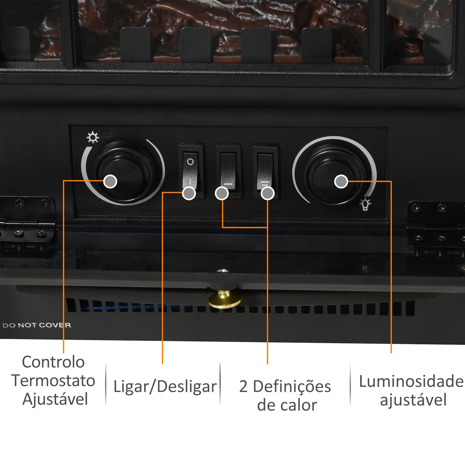 Lareira Elétrica Portátil 1000/2000W Efeito Chama Preto 45x28x54cm
