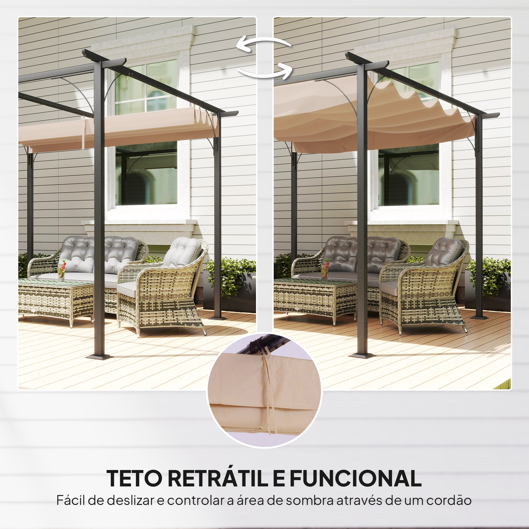 Pérgula de Jardim com Toldo Retrátil 300x300x230 cm - Bege e Preto