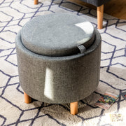 Pouf de Armazenamento Redondo – 44 x 44 x 42 cm – Cinza – Tecido e Madeira