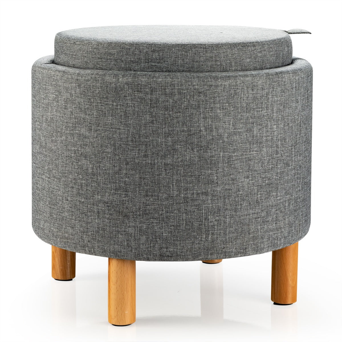 Pouf de Armazenamento Redondo – 44 x 44 x 42 cm – Cinza – Tecido e Madeira