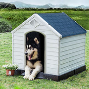 Casota para Cães Impermeável e Ventilada com Válvulas de Ar e Chão Elevado para Cães de Tamanho Médio Branco e Azul 70 x 65 x 71,5 cm