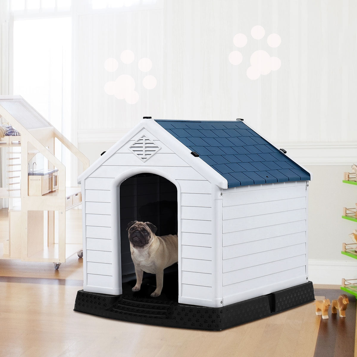 Casota para Cães Impermeável e Ventilada com Válvulas de Ar e Chão Elevado para Cães de Tamanho Pequeno e Médio Branco e Azul 70 x 65 x 71,5 cm