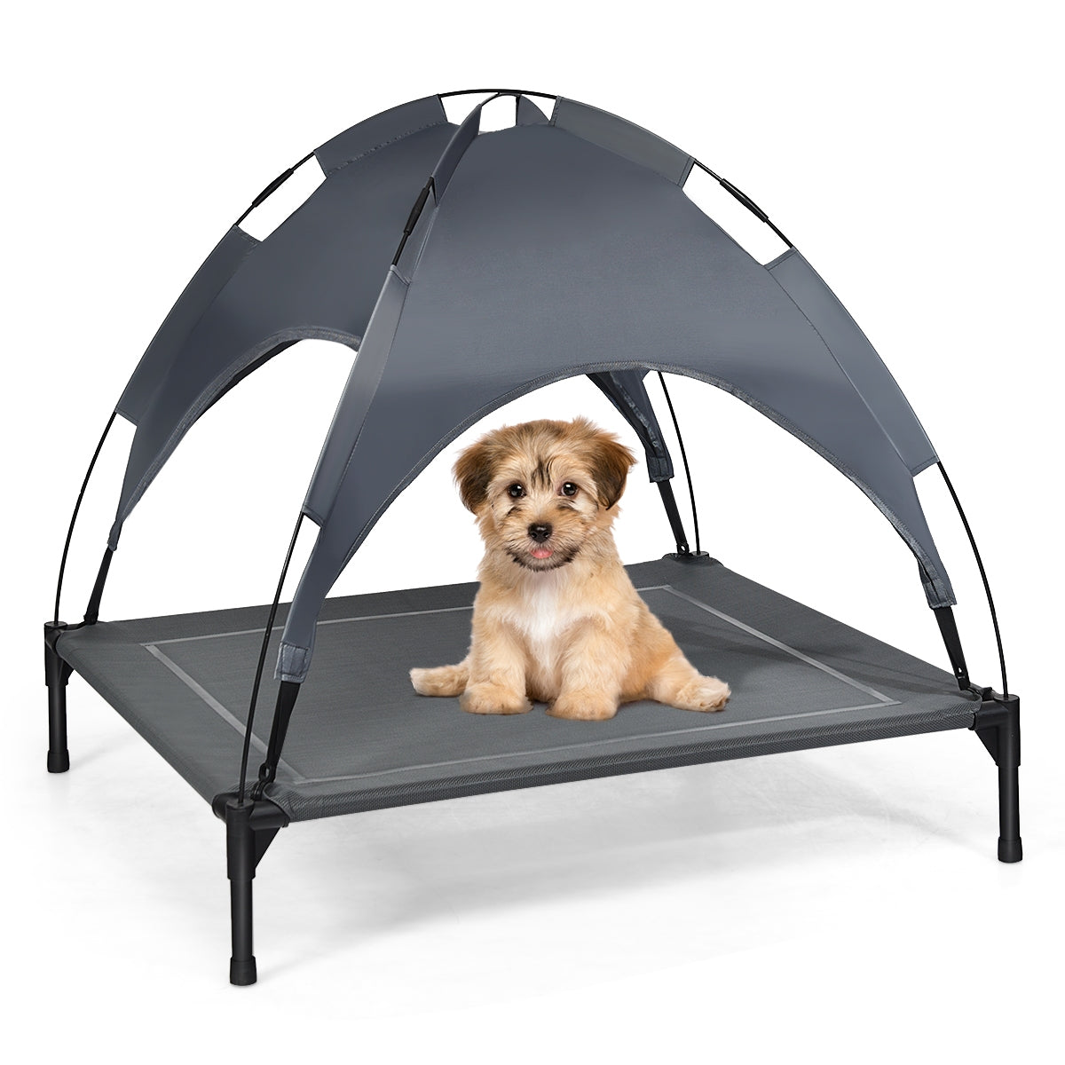 Cama para Cães com Toldo Removível e Estrutura em Aço Ideal para Camping Praia Relva Cinzenta 90 x 81 x 86 cm