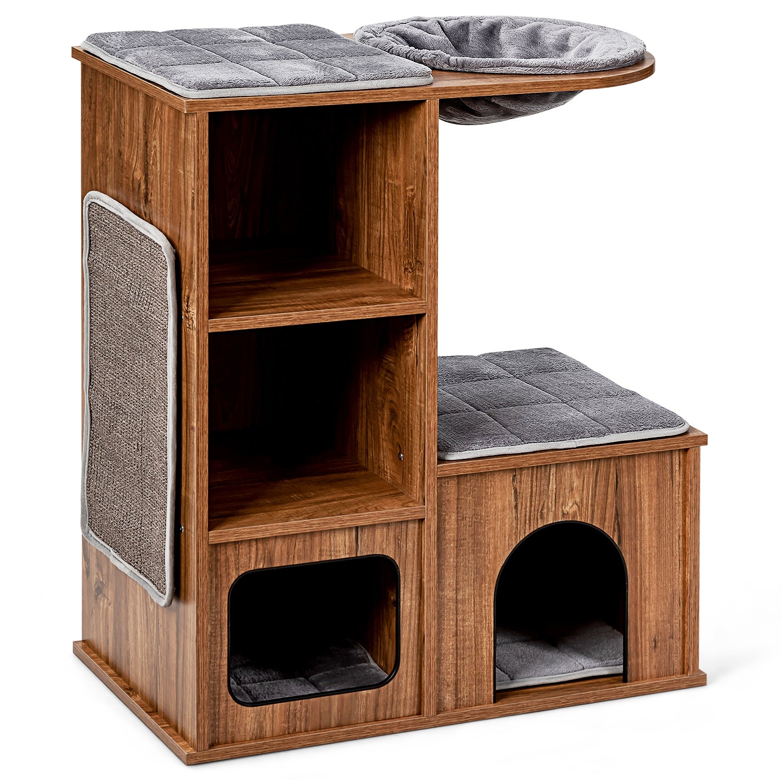 Torre para Gatos com Arranhador de Sisal, Plataforma Acolchoada, Casinha e Cesto, Centro de Atividades em Madeira para Gatos Castanho