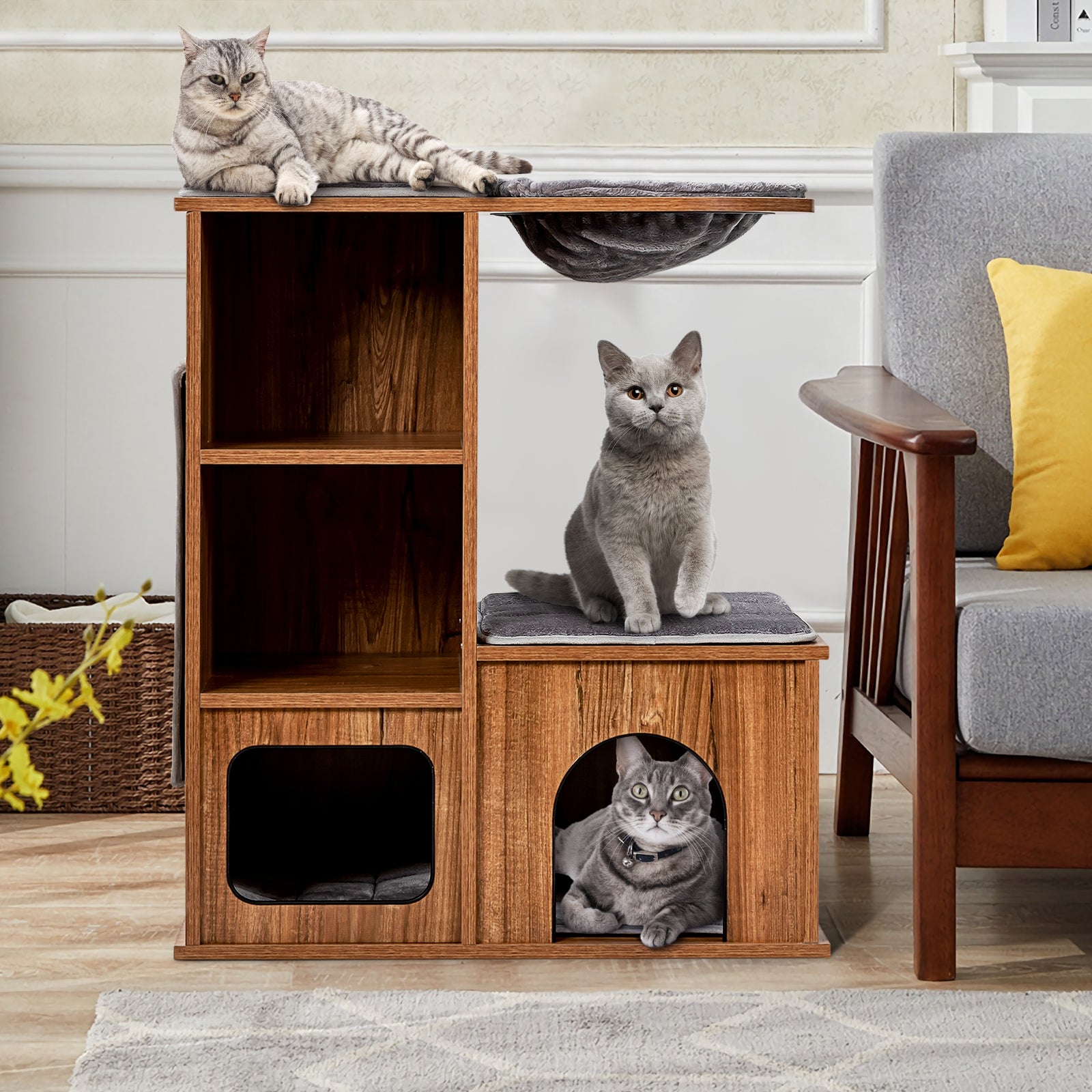 Torre para Gatos com Arranhador de Sisal, Plataforma Acolchoada, Casinha e Cesto, Centro de Atividades em Madeira para Gatos Castanho