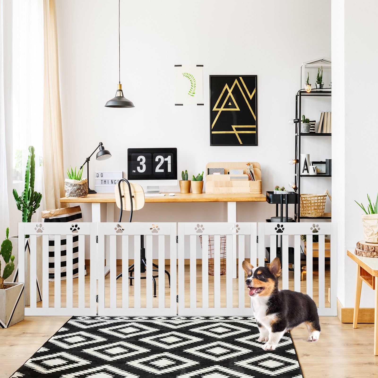 Portão de Segurança Dobrável de 4 Painéis para Cães Grade para Animais de Estimação Cerca de Proteção para Portas Escadas 204 x 61 x 1,5 cm Branco