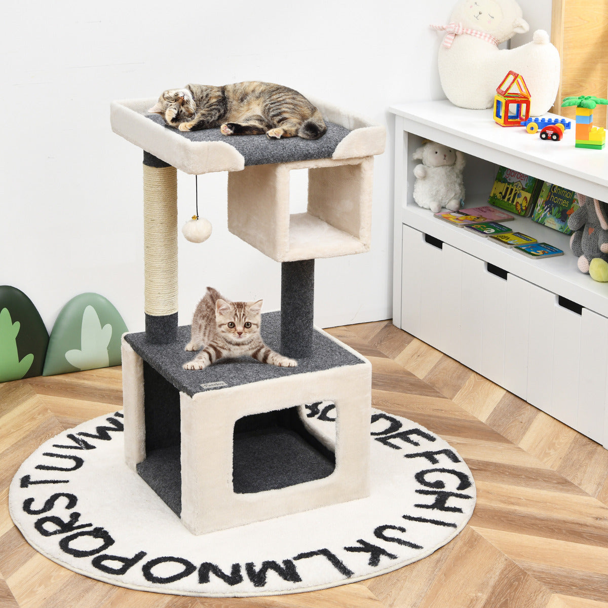 Torre para Gatos Pequena 80 cm com Arranhador e Bola de Pelúcia Branco e Cinzento